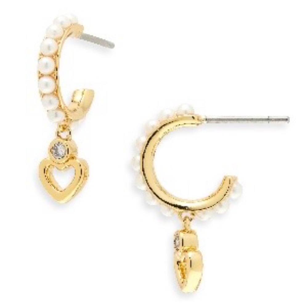 Kate Spade Saturday Gold Pearl Heart Huggie Hoop Earrings